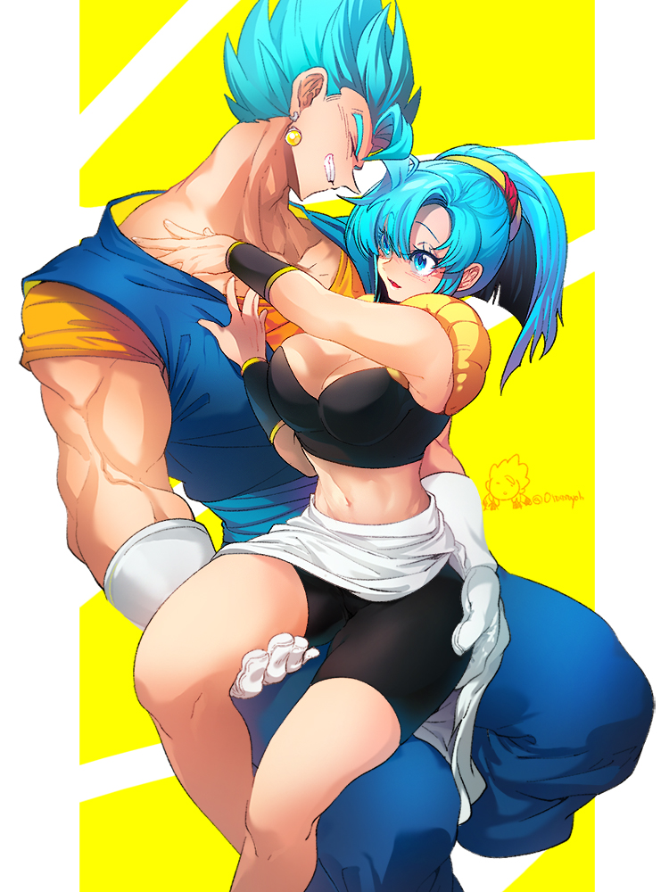 1boy 1girl armpit_crease bare_arms bare_legs bike_shorts black_tube_top black_wristband blue_eyes blue_hair blue_pants blue_sash breasts bulchi cleavage collarbone dougi dragon_ball dragon_ball_super dragon_ball_z earrings eyelashes feet_out_of_frame fingernails frown gloves grin hand_on_another's_ass hand_on_another's_thigh hands_on_another's_chest hands_up head_tilt height_difference high_ponytail jewelry large_breasts light_blush light_smile looking_at_another midriff muscular muscular_male narrow_waist navel obi ommmyoh orange_shirt pants parted_bangs parted_lips pectorals pillarboxed ponytail potara_earrings profile sash shirt sidelocks simple_background single_bang sitting sitting_on_lap sitting_on_person size_difference smile spiked_hair strapless swept_bangs tareme thick_thighs thighs toned tube_top undershirt vegetto waist_cape white_gloves wide_hips wristband yellow_background