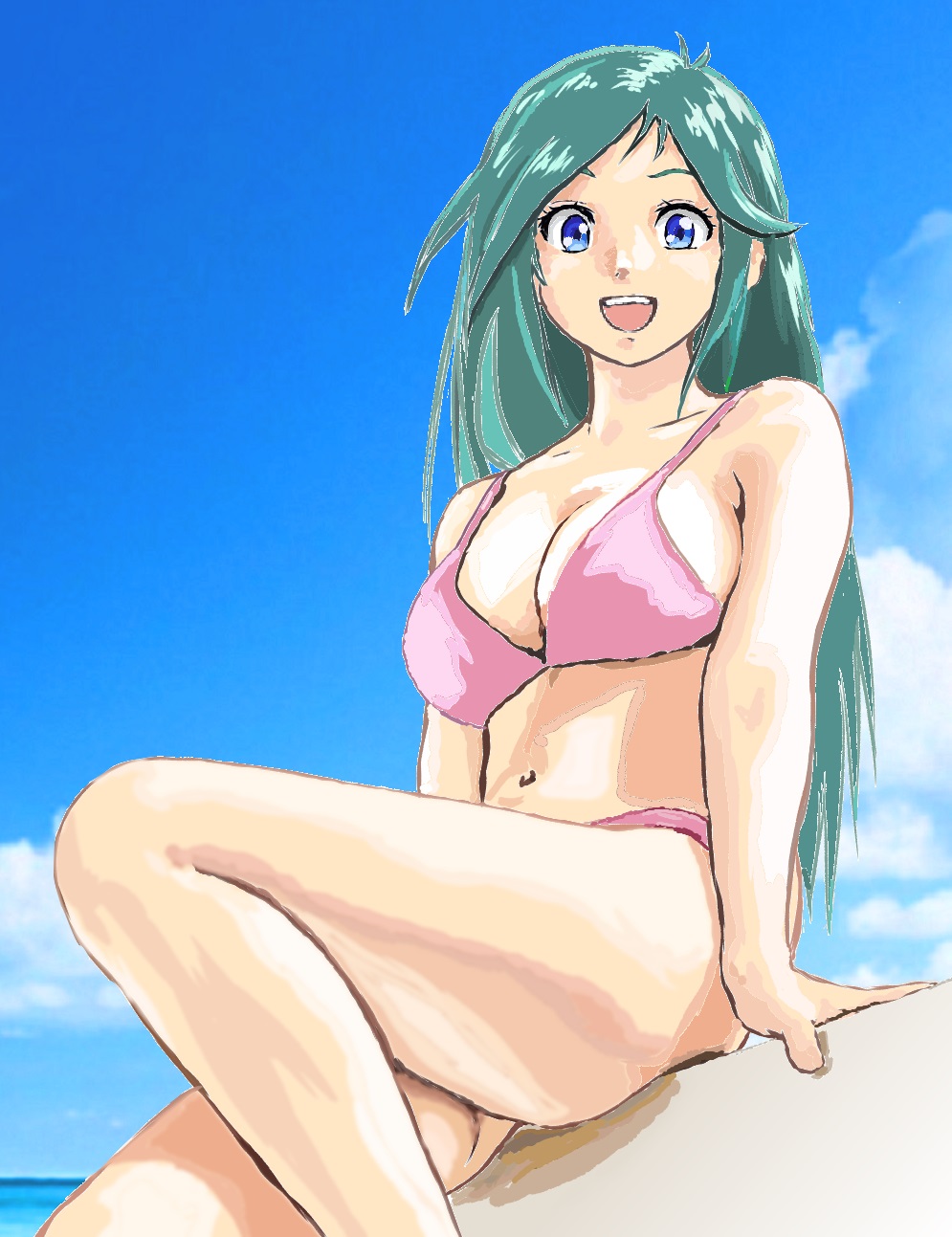 1girl :d aqua_hair bare_arms bare_shoulders bikini blue_eyes blue_sky breasts choudenji_robo_combattler_v cleavage day highres long_hair looking_at_viewer medium_breasts mizumori_keiichi nanbara_chizuru navel open_mouth outdoors pink_bikini sitting sky smile solo swimsuit teeth upper_teeth_only