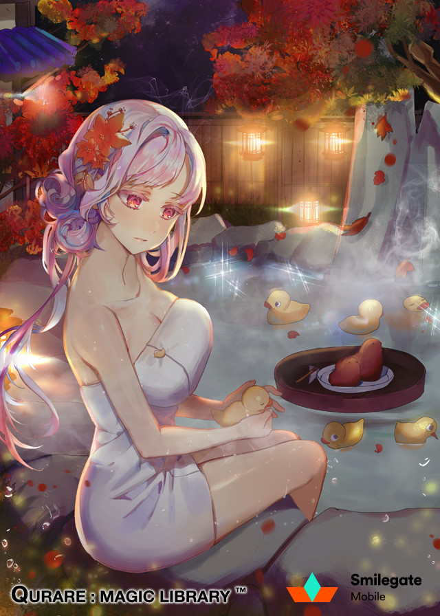 1girl animal-themed_food autumn_leaves breasts cleavage colored_eyelashes company_name copyright_name double_bun feet_out_of_frame fence food from_side hair_bun hair_ornament holding holding_toy impossible_towel lantern large_breasts leaf leaf_hair_ornament long_hair looking_at_object maple_leaf naked_towel night official_art onsen parted_lips pink_eyes pink_hair qurare_magic_library rock rubber_duck rwael sideways_glance sitting soaking_feet solo steam swept_bangs towel toy tray tree water wet wooden_fence