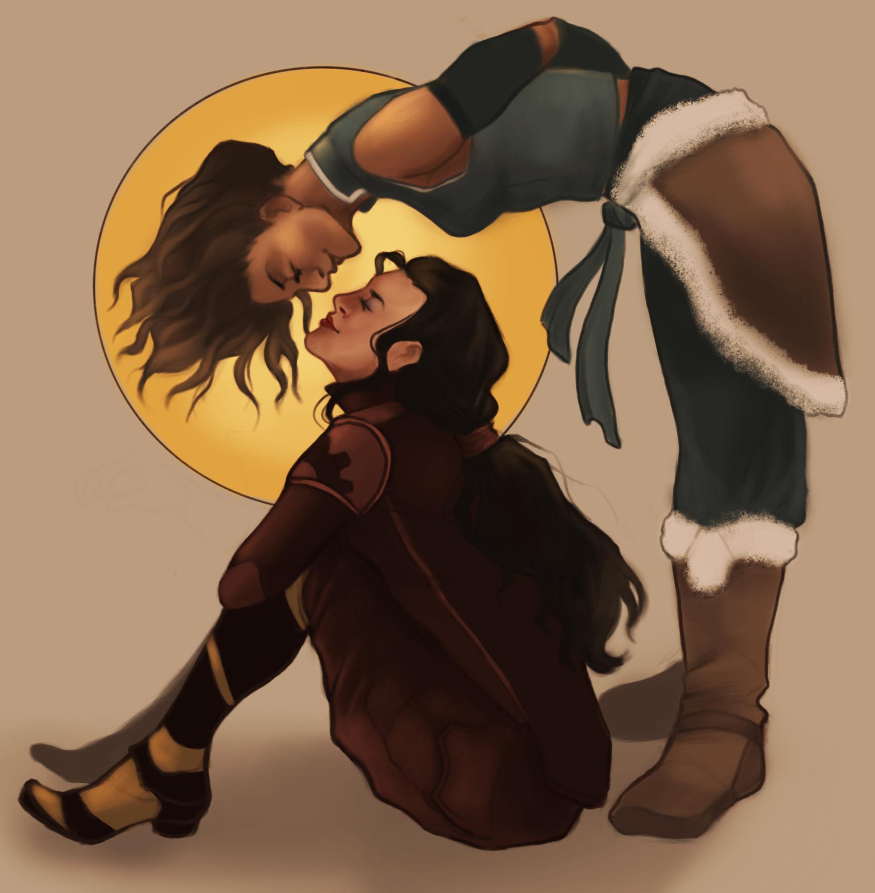 2girls arms_behind_back asami_sato avatar_legends black_hair boots breasts brown_footwear brown_hair closed_eyes dark-skinned_female dark_skin english_commentary eyeshadow highres imminent_kiss knees_up korra leaning_forward lipstick makeup medium_hair multiple_girls mur_cielago_art red_lips simple_background sitting small_breasts the_legend_of_korra yuri