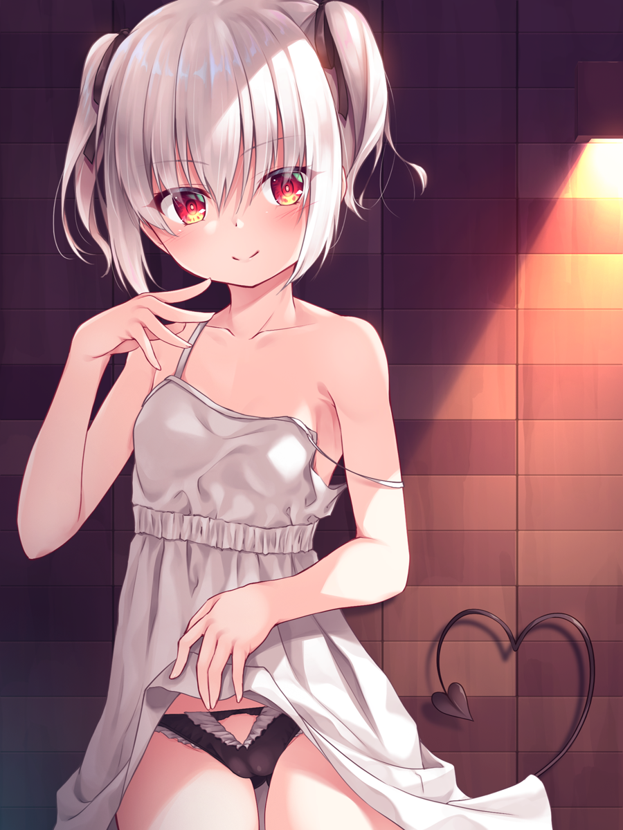 1girl ass_visible_through_thighs bare_arms bare_shoulders black_panties black_ribbon breasts cameltoe closed_mouth clothes_lift collarbone commentary_request cowboy_shot demon_tail dress dress_lift grey_hair hair_between_eyes hair_ribbon highres lifted_by_self original panties red_eyes ribbon sleeveless sleeveless_dress small_breasts smile solo standing strap_slip tail twintails underwear yuku_(kiollion)