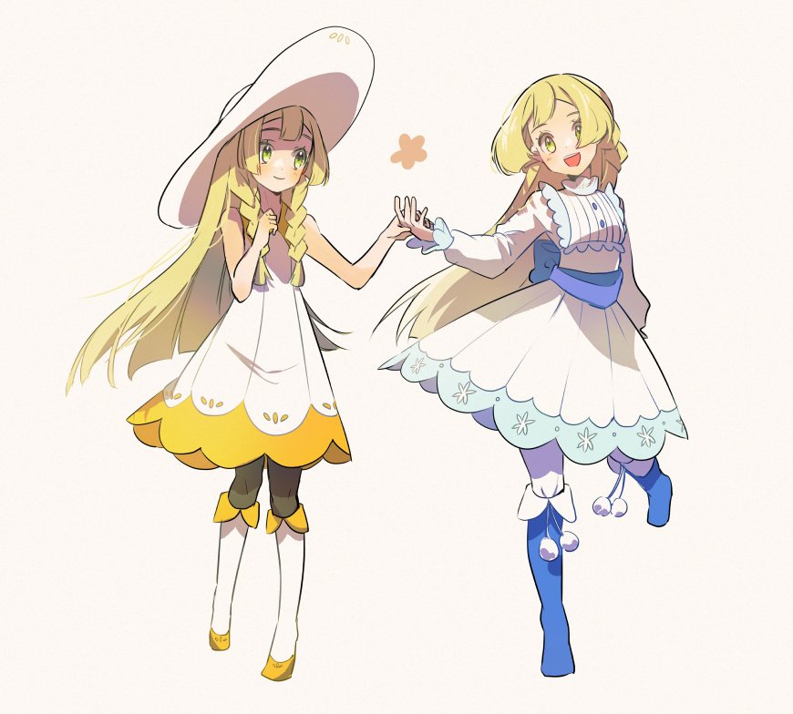 2girls bangs blonde_hair blue_footwear blush boots braid buttons closed_mouth commentary_request dress eyelashes green_eyes hat holding_hands lillie_(pokemon) long_hair long_sleeves marutoko45 multiple_girls pantyhose pantyhose_under_socks pokemon pokemon_(anime) pokemon_journeys shoes sleeveless sleeveless_dress smile socks twin_braids white_background white_dress white_headwear white_socks yellow_footwear