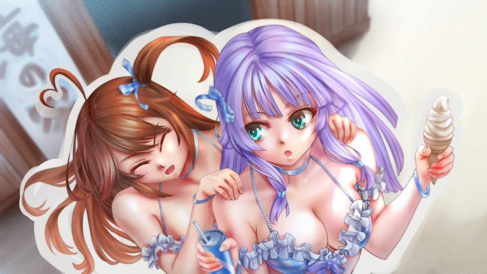 2girls :o ^_^ ahoge aqua_eyes arm_garter assault_lily banshouya_ena bare_shoulders bikini blue_bikini blue_choker blue_ribbon blunt_ends blurry blurry_background bracelet breasts brown_hair building can choker cleavage closed_eyes commentary day drinking_straw fingernails floating_hair food frilled_bikini frills from_above hair_ribbon halterneck hands_on_another's_shoulders hands_up heart heart_ahoge holding holding_can holding_food holding_ice_cream ice_cream ice_cream_cone jewelry long_hair looking_at_another looking_to_the_side medium_breasts multiple_girls nenshuu5man official_alternate_costume one_side_up outdoors outline parted_lips plaid plaid_bikini plaid_ribbon purple_hair ribbon sidelocks sideways_glance smile soda_can standing swimsuit takasuga_tsukushi upper_body white_outline