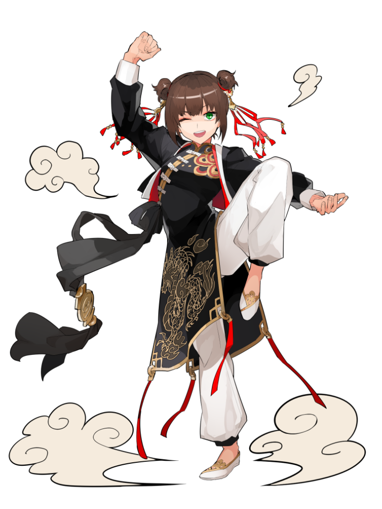 1girl ;d arm_up breasts brown_hair china_dress chinese_clothes cloud dairoku_ryouhei double_bun dress full_body hair_bun hair_ribbon leg_up long_sleeves one_eye_closed red_ribbon ribbon shermie_luo shikisehiro small_breasts smile solo transparent_background white_footwear