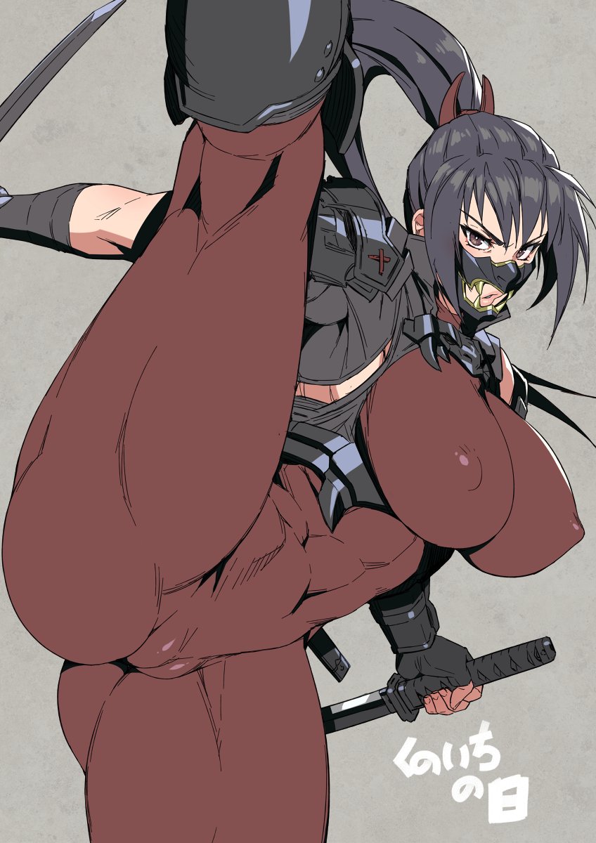 1girl armor black_hair bodysuit breasts brown_eyes cameltoe commentary_request covered_navel covered_nipples dual_wielding fingerless_gloves gloves grey_background hair_ornament high_ponytail highres holding impossible_bodysuit impossible_clothes kicking large_breasts leg_up lips looking_at_viewer mask mikoyan ponytail red_bodysuit reverse_grip shoulder_armor simple_background skin_tight soulcalibur soulcalibur_vi sword taki_(soulcalibur) weapon