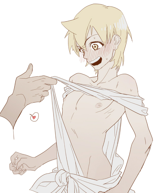 1boy ali_baba_saluja assisted_exposure aximor blonde_hair blush collarbone groin heart magi_the_labyrinth_of_magic male_focus nipples open_mouth simple_background solo_focus spoken_heart surprised sweat toga yellow_eyes