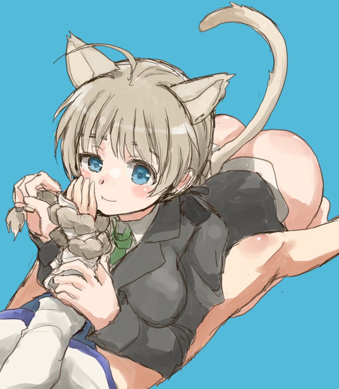 2girls ahoge animal_ears arm_grab ass black_jacket blue_background blue_eyes blue_one-piece_swimsuit bottomless braid breasts brown_hair cat_ears cat_girl cat_tail green_necktie hand_on_another's_face highres jacket kneeling leaning_forward long_hair lying lynette_bishop miyafuji_yoshika multiple_girls murayama_kei necktie on_back one-piece_swimsuit ponytail school_swimsuit shirt simple_background smile strike_witches swimsuit tail white_shirt world_witches_series