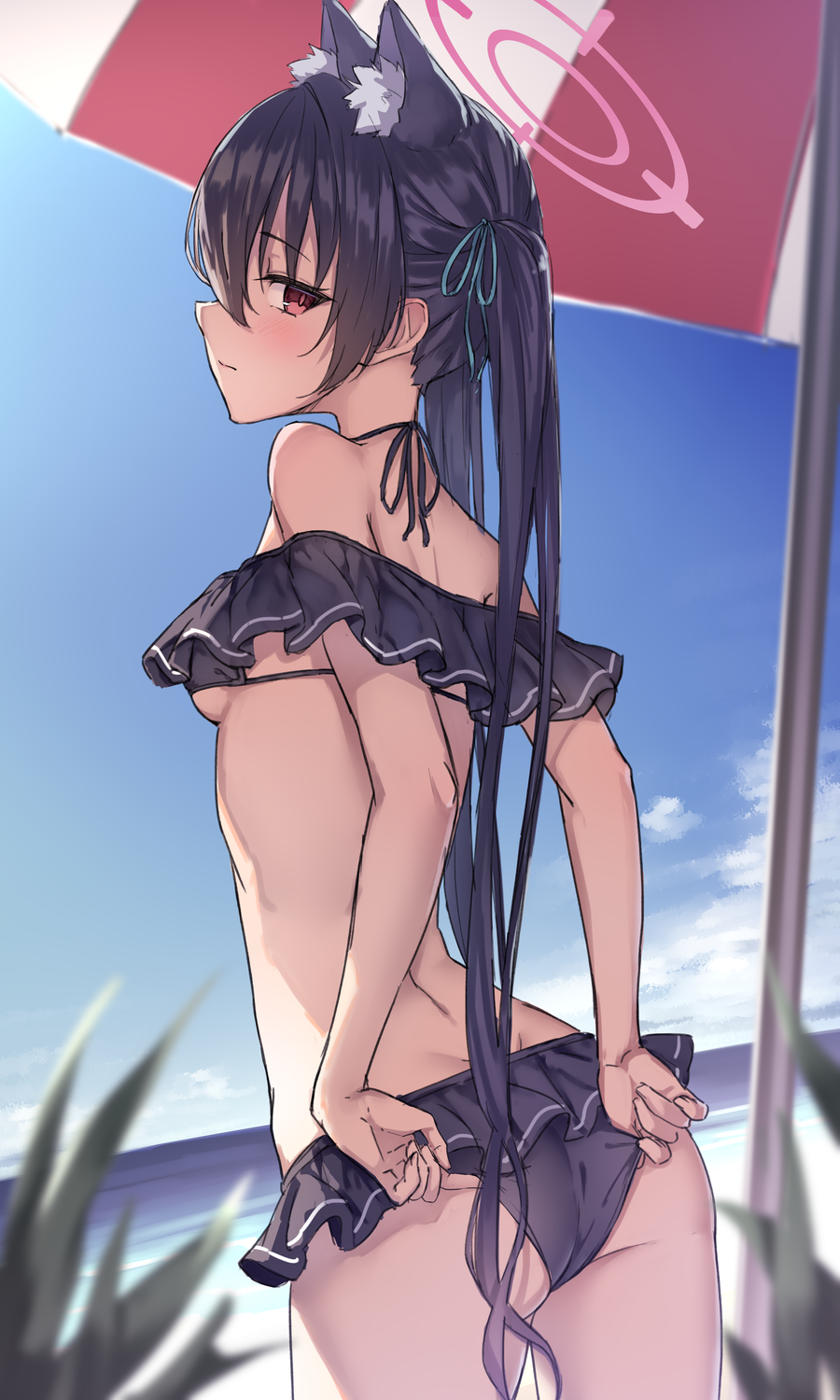 1girl adjusting_clothes adjusting_swimsuit animal_ear_fluff animal_ears ass ass_focus beach beach_umbrella bikini bikini_skirt black_bikini black_hair blue_archive blue_sky blush breasts cat_ears closed_mouth cloud cloudy_sky commentary_request day extra_ears frilled_bikini frills from_behind halo highres long_hair looking_at_viewer looking_back official_alternate_costume outdoors purple_eyes ryuinu sand serika_(blue_archive) serika_(swimsuit)_(blue_archive) sky small_breasts solo swimsuit twintails umbrella underboob very_long_hair