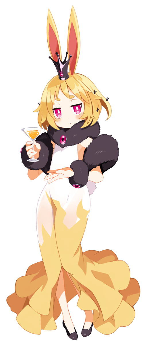 1girl animal_ears blonde_hair blush bright_pupils cocktail_glass crown cup disgaea disgaea_rpg dress drink drinking_glass formal hair_ornament highres hobble_dress holding holding_drink jitome non-web_source official_art photoshop_(medium) rabbit_ears rabbit_hair_ornament rabbit_tail red_eyes short_hair sleeveless sleeveless_dress smile solo tail thighhighs transparent_background usalia_(disgaea)