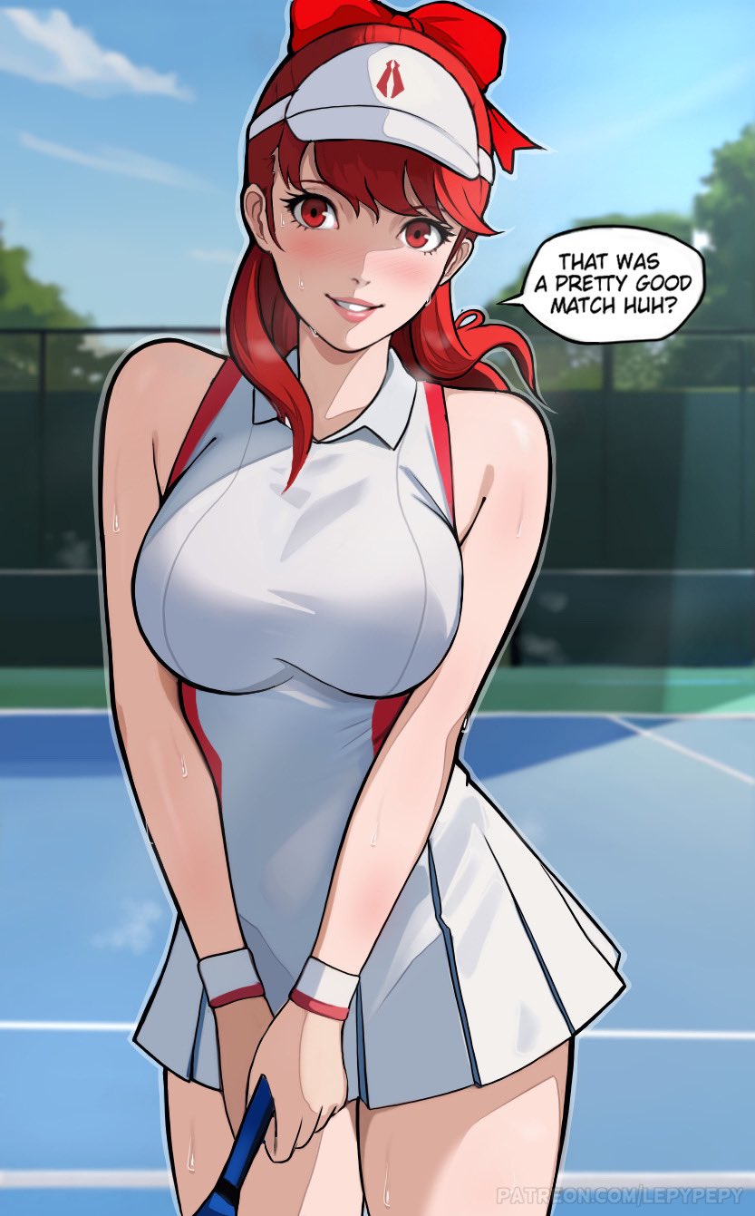1girl bare_shoulders blurry blurry_background breasts collared_dress dress english_commentary english_text highres holding_tennis_racket large_breasts lepypepy long_hair looking_at_viewer paid_reward_available parted_lips persona persona_5 persona_5_the_royal ponytail racket red_eyes red_hair sleeveless smile solo speech_bubble sportswear sweat tennis tennis_court tennis_dress tennis_net tennis_racket tennis_uniform visor_cap white_headwear white_wristband yoshizawa_kasumi