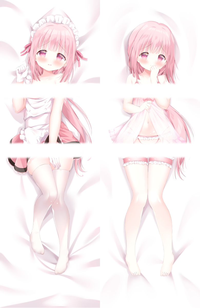 1girl apron babydoll bare_arms bare_shoulders barefoot bed_sheet blush censored clothes_lift collarbone commentary commission cupless_babydoll dakimakura_(medium) english_commentary frilled_apron frilled_panties frills gloves hand_up highres long_hair looking_at_viewer lying magia_record:_mahou_shoujo_madoka_magica_gaiden mahou_shoujo_madoka_magica maid_headdress multiple_views navel no_shoes on_back panties parted_lips pink_hair pink_skirt purple_eyes renew_vivi see-through skirt skirt_lift tamaki_iroha thigh_strap thighhighs underwear underwear_only very_long_hair white_apron white_gloves white_panties white_thighhighs