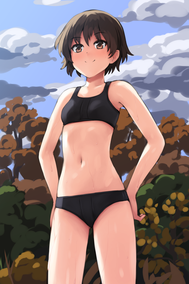 1girl aposine autumn black_buruma black_sports_bra blue_sky blush breasts brown_eyes brown_hair buruma closed_mouth cloud collarbone commentary cowboy_shot day english_commentary girls_und_panzer isobe_noriko navel outdoors short_hair sky small_breasts smile solo sports_bra standing