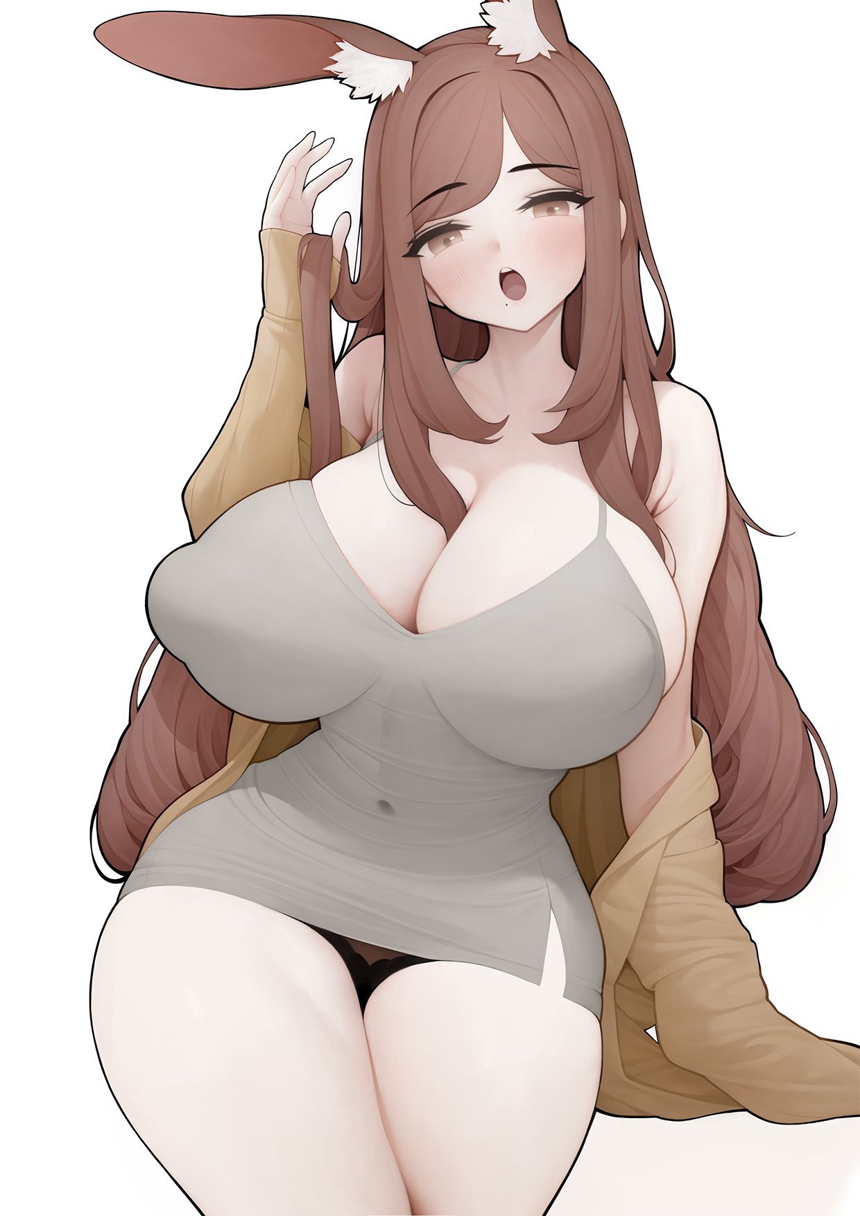 1girl animal_ear_fluff animal_ears black_panties blush breasts brown_eyes brown_hair brown_jacket cleavage covered_navel covered_nipples dress grey_dress hand_in_own_hair highres huge_breasts jacket long_hair long_sleeves looking_at_viewer off_shoulder open_clothes open_jacket open_mouth original panties rabbit_(wlsdnjs950) rabbit_ears rabbit_girl short_dress simple_background solo teeth underwear upper_teeth_only very_long_hair white_background