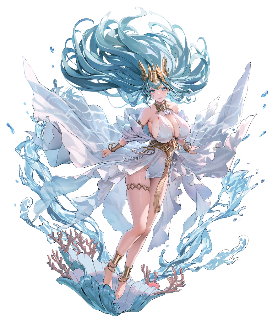 1girl anklet aqua_eyes aqua_hair barefoot breasts cleavage coral destiny_child dress floating_clothes floating_hair full_body huge_breasts jewelry long_hair looking_at_viewer ludaf official_art simple_background skindentation solo tassel thetis_(destiny_child) thigh_strap transparent_background very_long_hair water wet white_dress