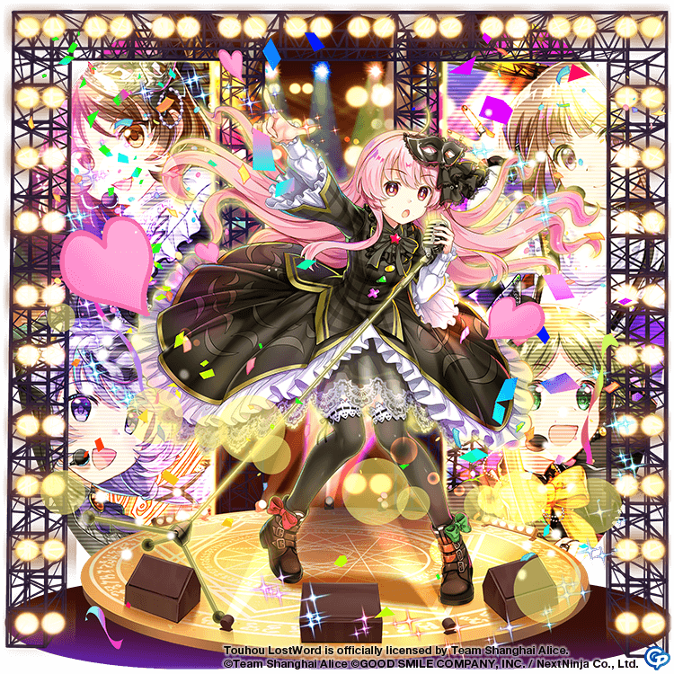 1girl alternate_costume black_dress black_footwear commentary confetti copyright_name dress english_commentary full_body game_cg hata_no_kokoro hata_no_kokoro_(noh_artist_of_song_and_dance) heart holding holding_microphone_stand index_finger_raised long_hair long_sleeves looking_at_viewer microphone_stand nishida_satono open_mouth pink_eyes pink_hair rotte_(1109) solo stage stage_lights teireida_mai third-party_source touhou touhou_lost_word tsukumo_benben tsukumo_yatsuhashi