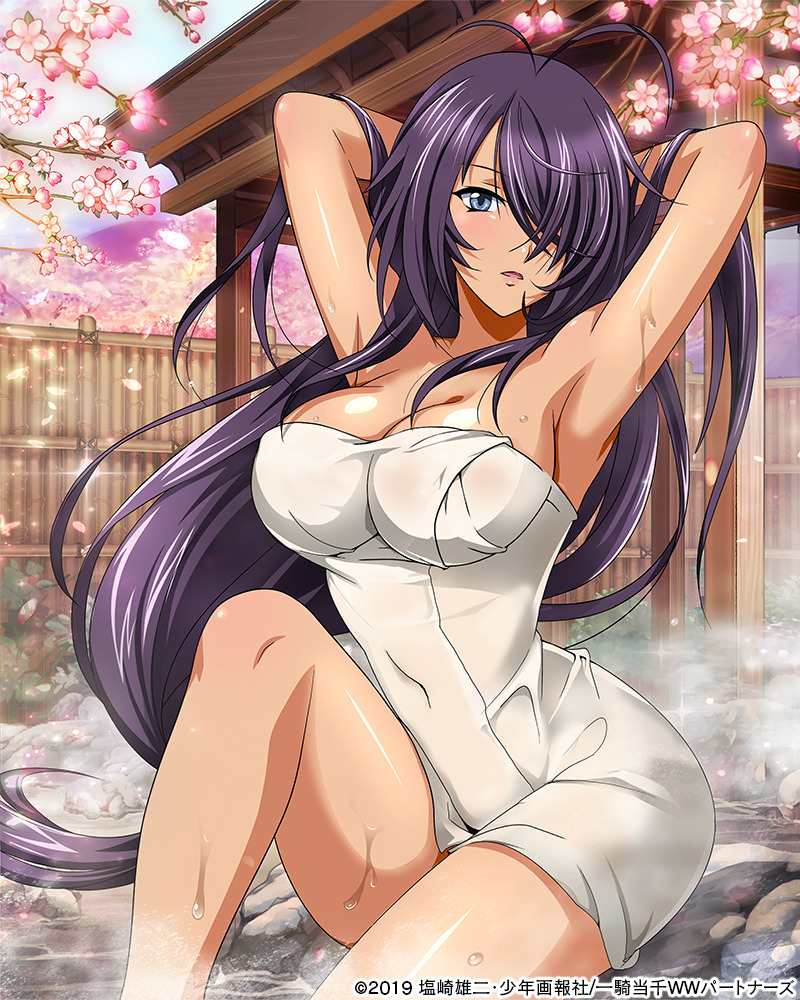 1girl 2019 antenna_hair armpits arms_behind_head arms_up blue_eyes breasts cleavage collarbone day floating_hair flower hair_over_one_eye ikkitousen kan'u_unchou large_breasts long_hair looking_at_viewer naked_towel official_art onsen open_mouth outdoors pink_flower purple_hair shiny_skin sitting solo steam towel very_long_hair
