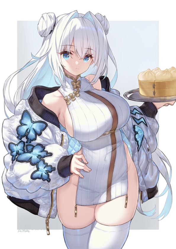 1girl bamboo_steamer bare_shoulders blue_eyes breasts dim_sum double_bun dress hair_bun hair_intakes jacket large_breasts long_hair long_sleeves looking_at_viewer off_shoulder open_clothes open_jacket original pelvic_curtain saitou_masatsugu short_dress sideboob sidelocks solo thighhighs thighs tray white_dress white_hair white_jacket white_thighhighs