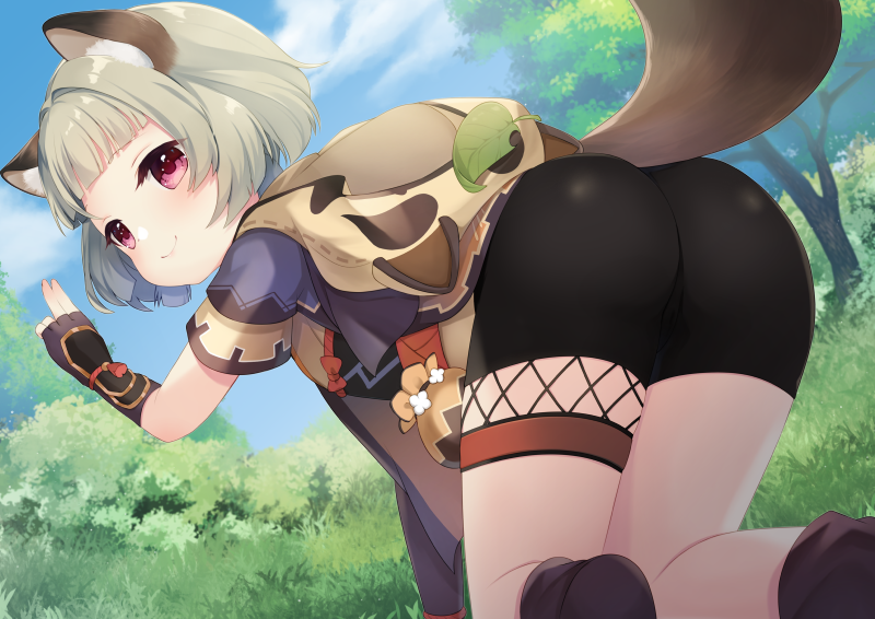 1girl all_fours animal_ear_fluff animal_ears animal_hood arm_up ass bike_shorts black_gloves black_shorts black_socks blunt_bangs cloud commission commissioner_upload fake_animal_ears fingerless_gloves forest from_behind genshin_impact gloves grey_hair hood hood_down japanese_clothes kemonomimi_mode kimono leaf looking_back nature outdoors pouch purple_kimono raccoon_ears raccoon_girl raccoon_tail red_eyes sayu_(genshin_impact) sen1986 short_hair short_kimono short_shorts short_sleeves shorts skeb_commission sky smile socks solo tail thighs tree yellow_kimono