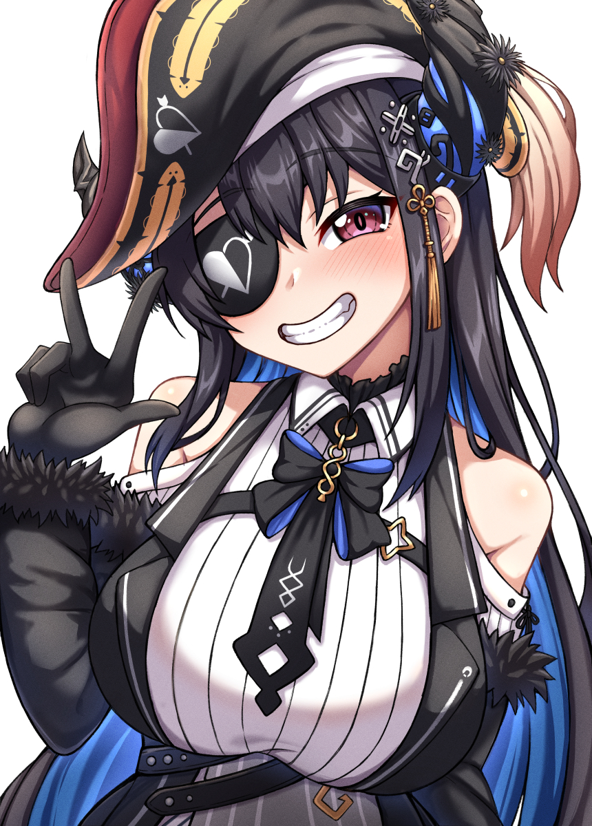 1girl arrow_through_heart black_dress black_hair black_headwear blue_hair blush breasts clothing_cutout collared_shirt colored_inner_hair cosplay dress eyepatch hat highres hololive hololive_english houshou_marine houshou_marine_(1st_costume) houshou_marine_(cosplay) kina_(akina736) large_breasts long_hair looking_at_viewer multicolored_hair nerissa_ravencroft one_eye_closed pirate_hat red_eyes shirt shoulder_cutout smile solo v virtual_youtuber