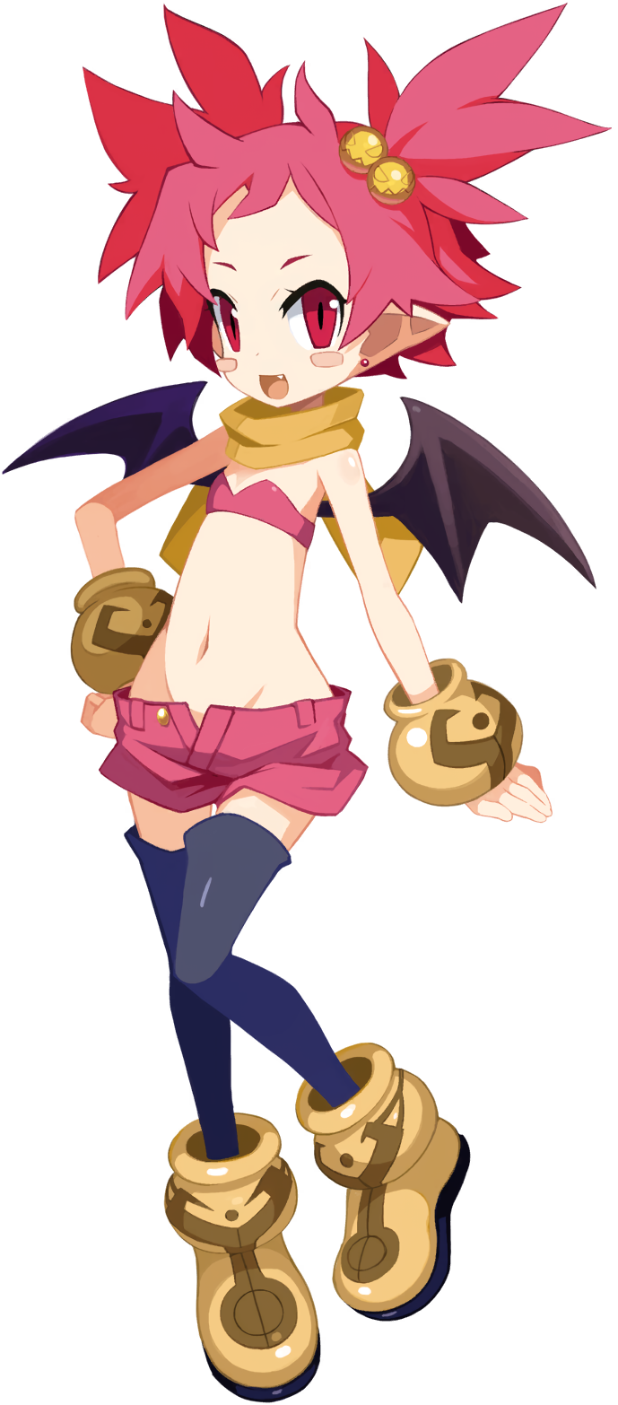1girl bandeau black_thighhighs blush_stickers bracelet demon_girl demon_wings disgaea disgaea_rpg earrings fang flat_chest full_body hair_bobbles hair_ornament hanako_(disgaea) highres jewelry navel non-web_source official_art open_fly open_mouth photoshop_(medium) pink_hair pink_shorts pointy_ears red_eyes scarf short_hair shorts slit_pupils solo stud_earrings thighhighs transparent_background wings yellow_scarf