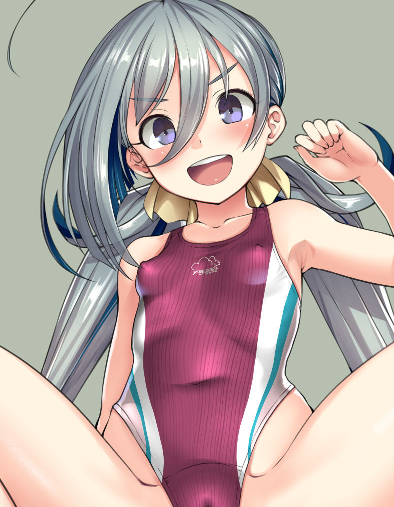 1girl ahoge blue_sky bosshi breasts cameltoe cloud competition_swimsuit day grey_background grey_eyes grey_hair hair_between_eyes hair_ribbon kantai_collection kiyoshimo_(kancolle) low_twintails multicolored_clothes multicolored_swimsuit one-piece_swimsuit open_mouth outdoors ribbon round_teeth simple_background sky small_breasts solo spread_legs swimsuit teeth twintails unfinished upper_teeth_only yellow_ribbon