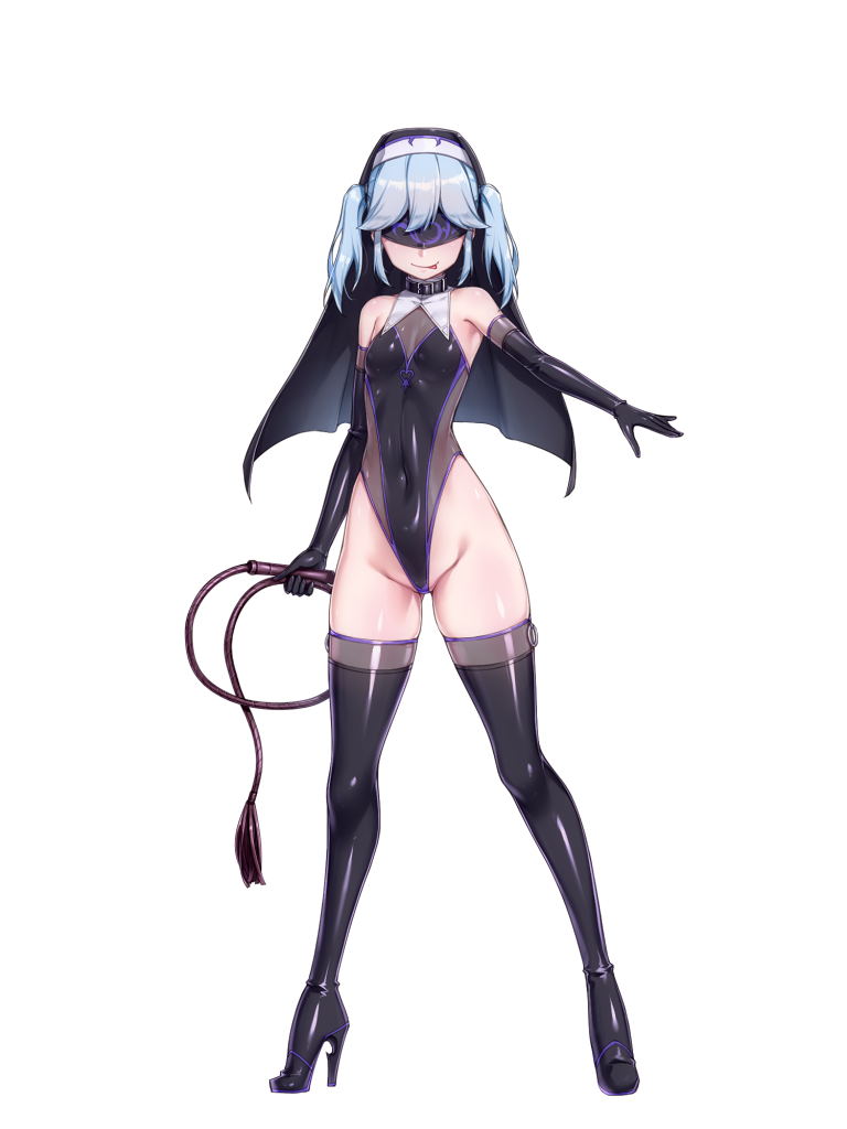 1girl blindfold blue_hair boots cat_o'_nine_tails chain_paradox cocytus_(wind_master) collar covered_navel elbow_gloves flat_chest full_body gloves habit high_heel_boots high_heels highleg highleg_leotard holding holding_whip latex leotard licking_lips looking_at_viewer nun shiny_clothes solo standing thigh_boots tongue tongue_out twintails whip white_background