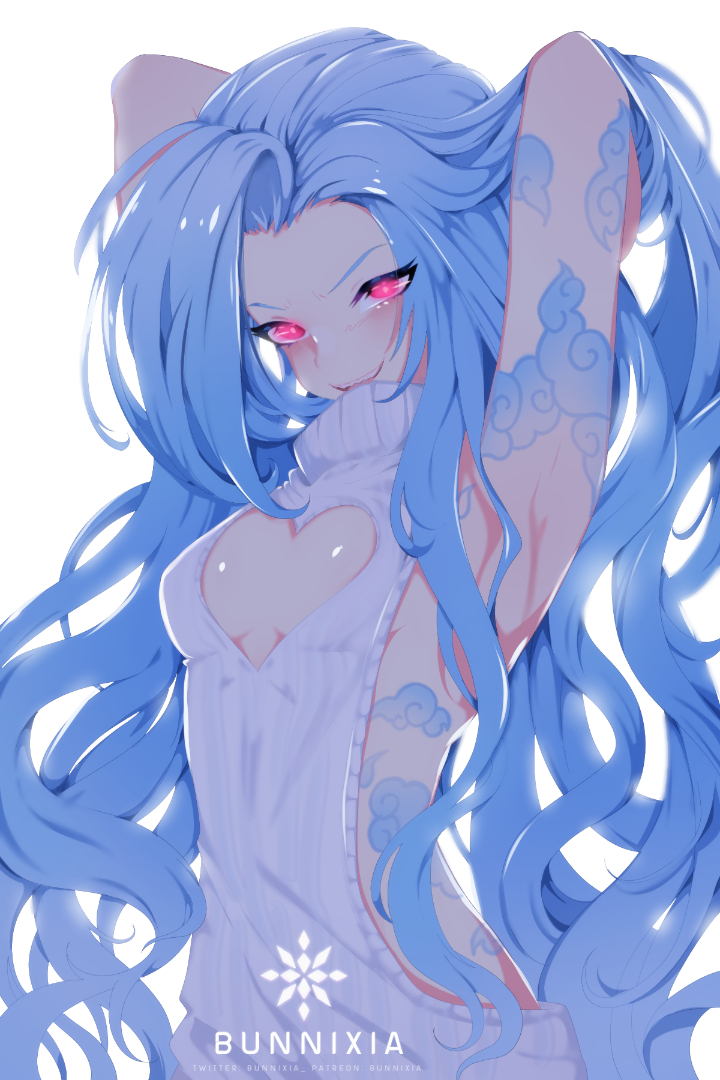 arm_tattoo armpits arms_behind_head artist_name blue_hair breasts cleavage cleavage_cutout clothing_cutout cloud_tattoo glowing glowing_eyes jinx_(league_of_legends) league_of_legends long_hair looking_at_viewer meme_attire pink_eyes ririsaurus shiny_skin simple_background small_breasts smile solo stomach_tattoo sweater tattoo teeth turtleneck turtleneck_sweater upper_teeth_only very_long_hair virgin_killer_sweater white_background white_sweater