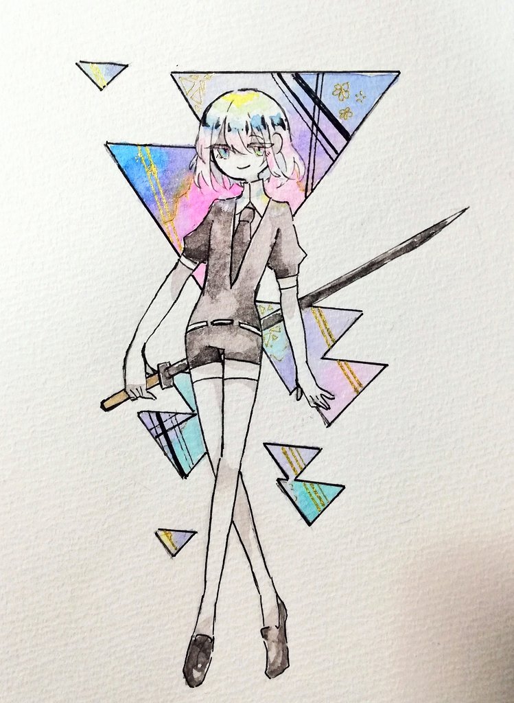 1other black_jacket black_necktie black_shorts closed_mouth collared_shirt diamond_(houseki_no_kuni) elbow_gloves full_body gem_uniform_(houseki_no_kuni) gloves gradient_hair holding holding_sword holding_weapon houseki_no_kuni jacket looking_at_viewer multicolored_hair necktie puffy_short_sleeves puffy_sleeves shirt short_sleeves shorts smile solo standing sword thighhighs triangle wakame_031412 weapon white_gloves white_shirt white_thighhighs