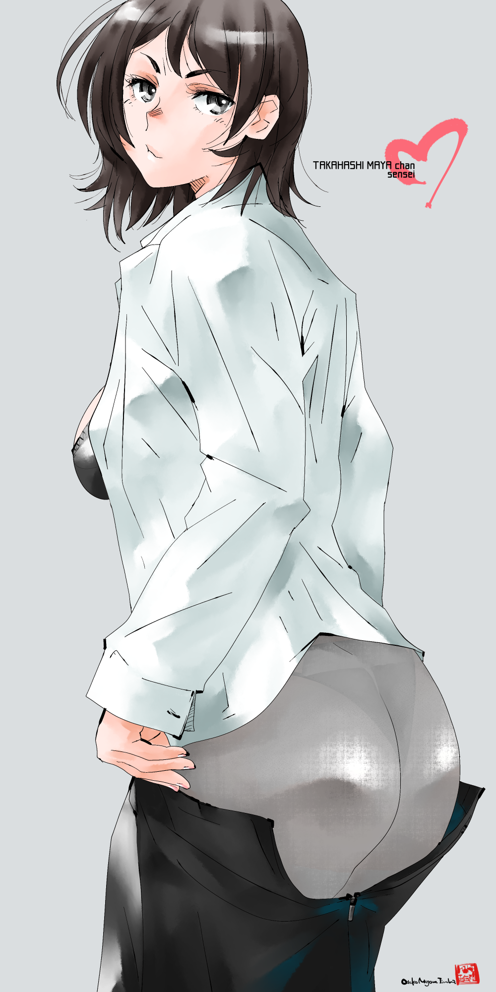 1girl amagami ass black_bra black_panties black_skirt bra brown_hair character_name closed_mouth clothes_pull collared_shirt from_behind grey_background grey_eyes grey_pantyhose heart highres long_sleeves looking_at_viewer looking_back mike156 open_clothes open_shirt panties pantyhose pencil_skirt pulled_by_self see-through shirt short_hair signature simple_background skirt skirt_pull solo standing takahashi_maya thong underwear white_shirt
