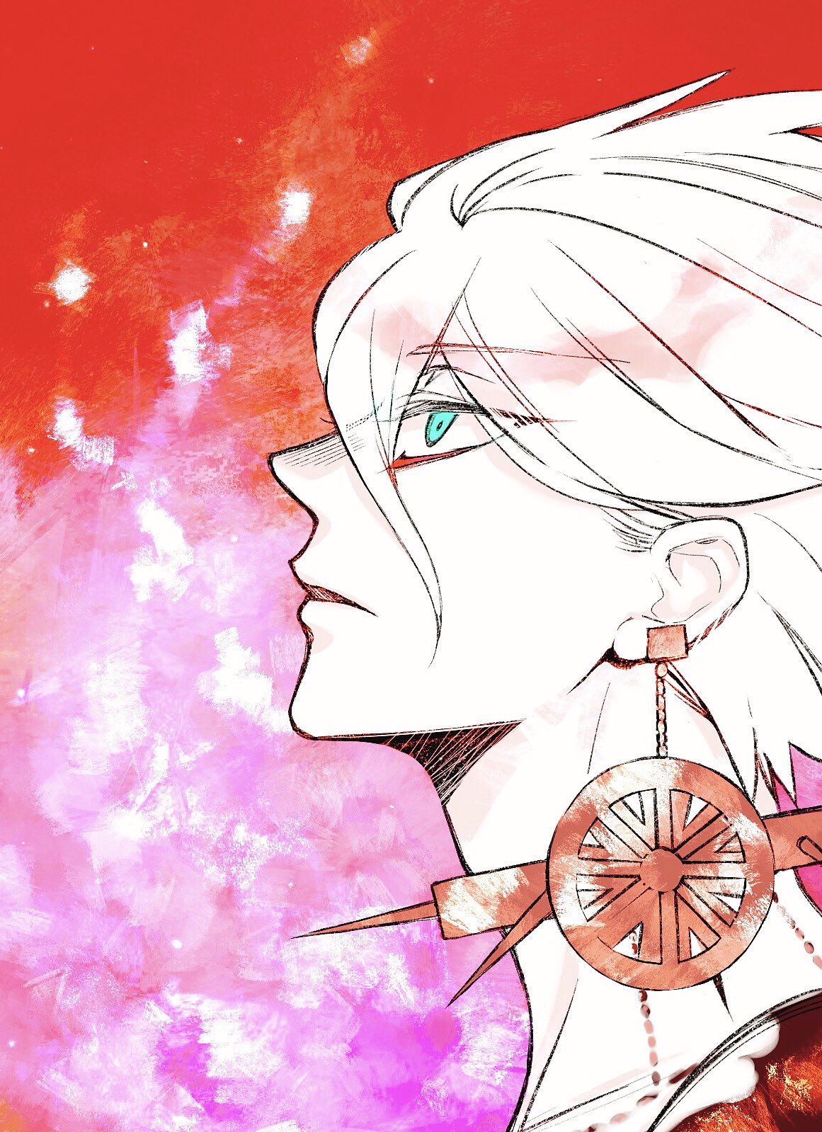 1boy blue_eyes collarbone dangle_earrings earrings fate/grand_order fate_(series) from_side gradient_background hair_between_eyes highres jewelry karna_(fate) looking_up male_focus mochizuki_jun pale_skin parted_lips pink_background portrait profile red_background red_eyeliner short_hair solo sun_earrings white_hair