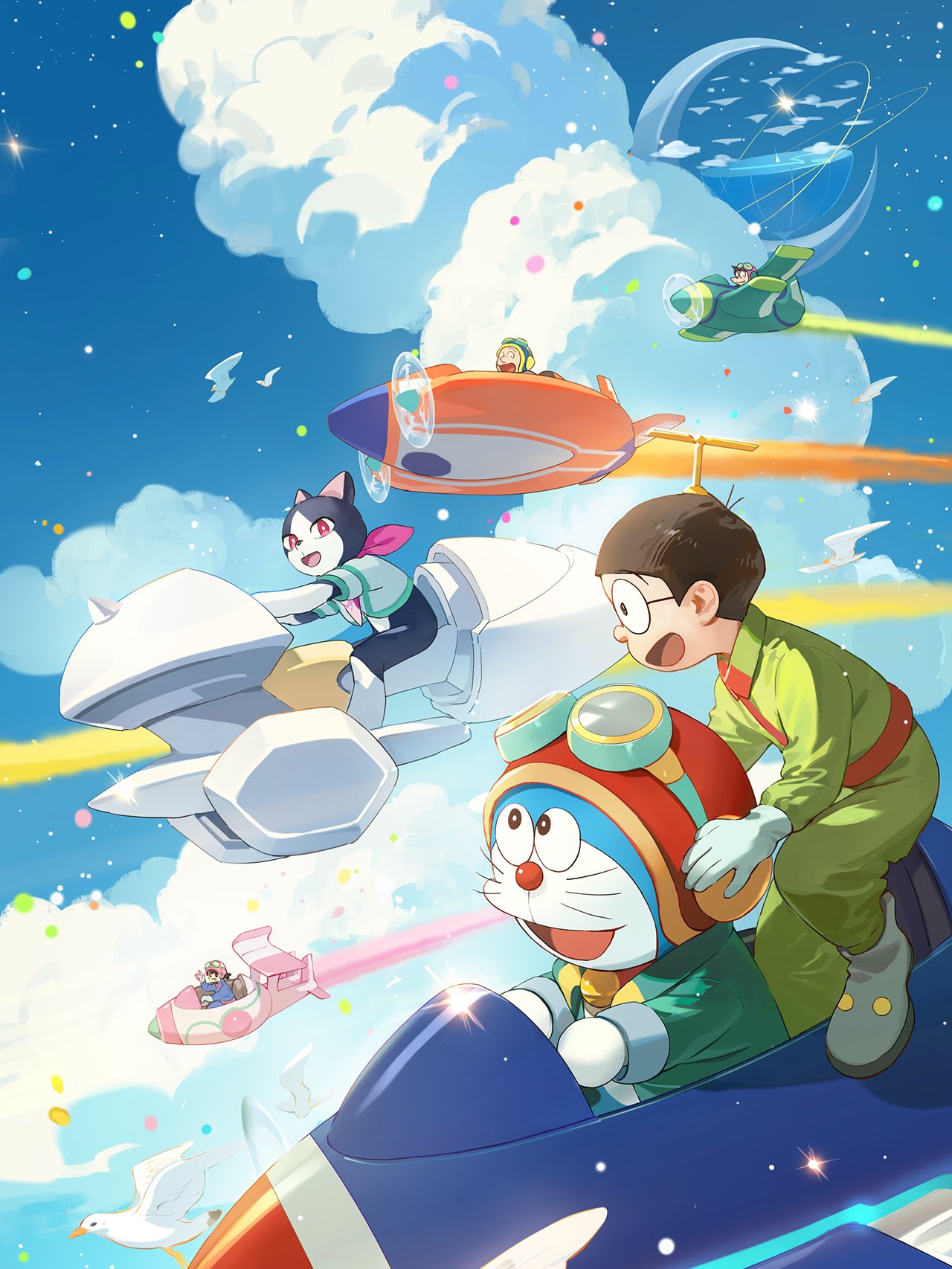 1girl 1other 4boys aircraft airplane cat character_request cloud cloudy_sky crescent doraemon doraemon_(character) goggles goggles_on_headwear gouda_takeshi highres honekawa_suneo hover_bike jet minamoto_shizuka moon multiple_boys nobi_nobita pilot_helmet pilot_suit propeller sky star_(sky) takecopter tanjiu white_dove