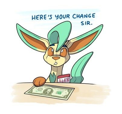 after_transformation animate_inanimate cashier eeveelution english_text fabric feral generation_4_pokemon inanimorphs leafeon living_plushie low_res male money name_tag nintendo plushie pokemon pokemon_(species) seam_(sewing) shopping simple_background solo text white_background