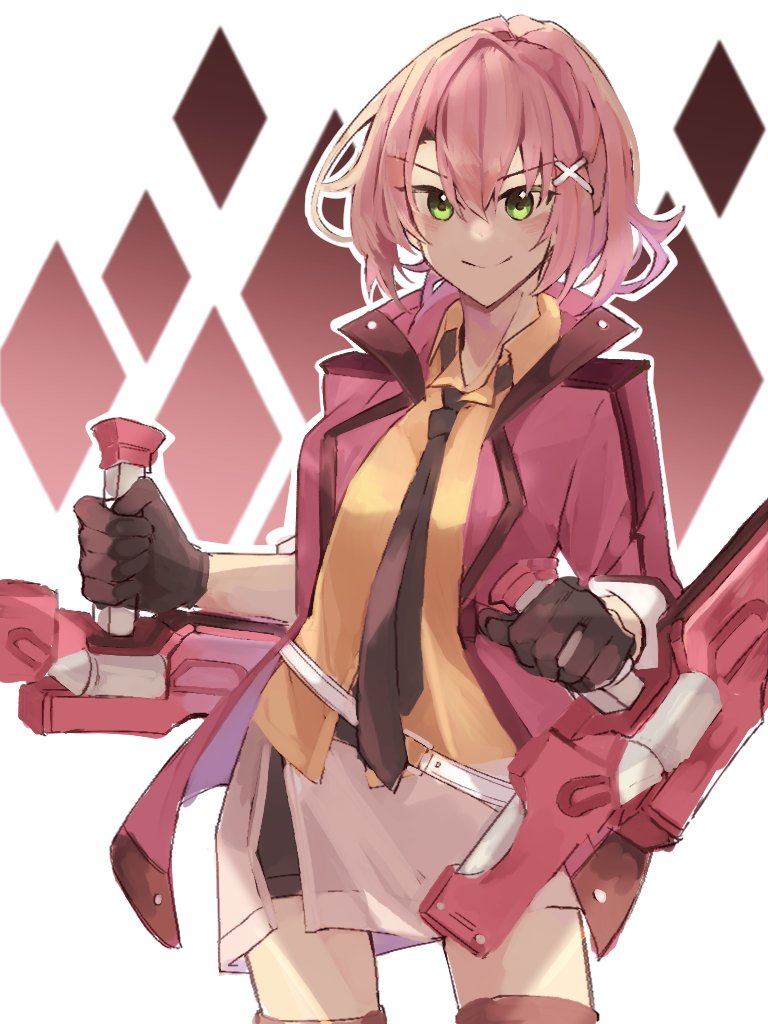 1girl artist_request bob_cut double-parted_bangs eiyuu_densetsu gloves green_eyes hair_ornament hairclip holding holding_weapon jacket juna_crawford necktie open_clothes open_jacket pink_hair sen_no_kiseki sen_no_kiseki_iv short_hair shorts smile solo tonfa weapon