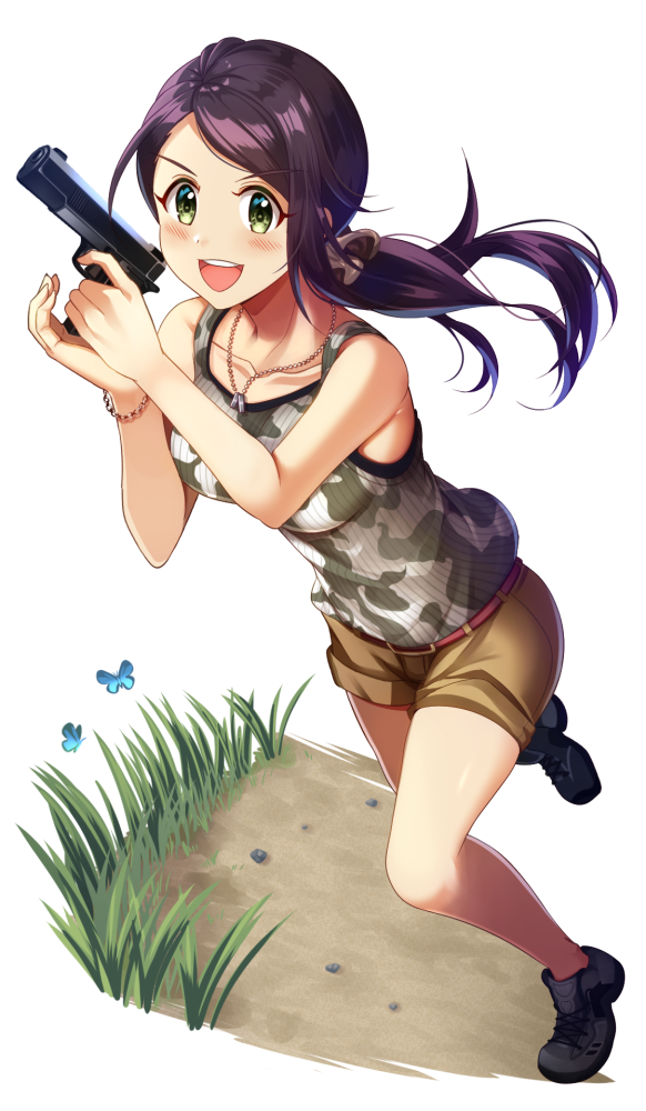 1girl bare_shoulders belt black_footwear black_hair blush bracelet breasts brown_scrunchie brown_shorts bug butterfly camouflage collarbone dot_nose from_above grass green_eyes green_shirt gun hair_ornament hair_scrunchie handgun hands_up holding holding_gun holding_weapon idolmaster idolmaster_cinderella_girls idolmaster_cinderella_girls_starlight_stage jewelry large_breasts leg_up long_hair looking_at_viewer necklace open_mouth ponytail red_belt scrunchie shirt shoes shorts sleeveless sleeveless_shirt smile sneakers solo standing standing_on_one_leg teeth upper_teeth_only v-shaped_eyebrows weapon yamato_aki z.nov