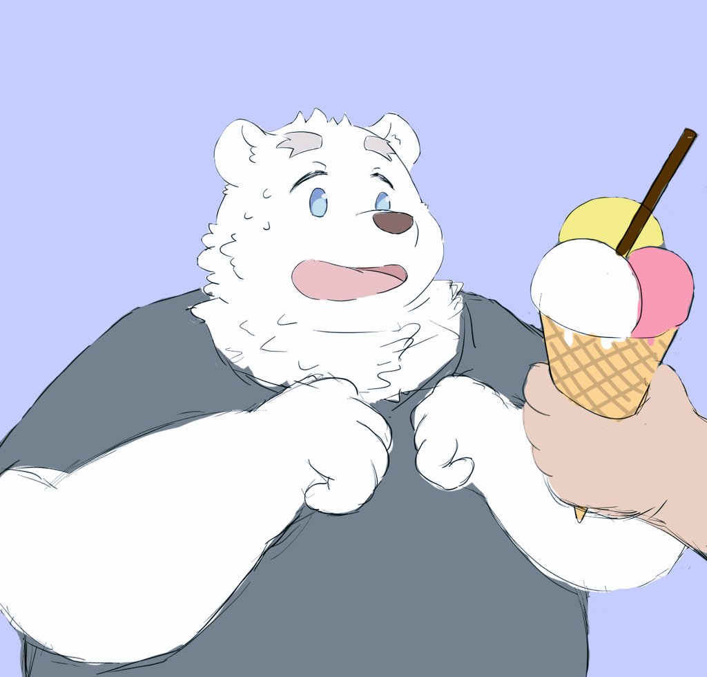 2023 anthro bear blue_eyes clothing dessert duo food humanoid_hands ice_cream kemono male mammal overweight overweight_male polar_bear shirane_kan shirt solo_focus topwear twoyinyin ursine utau white_body