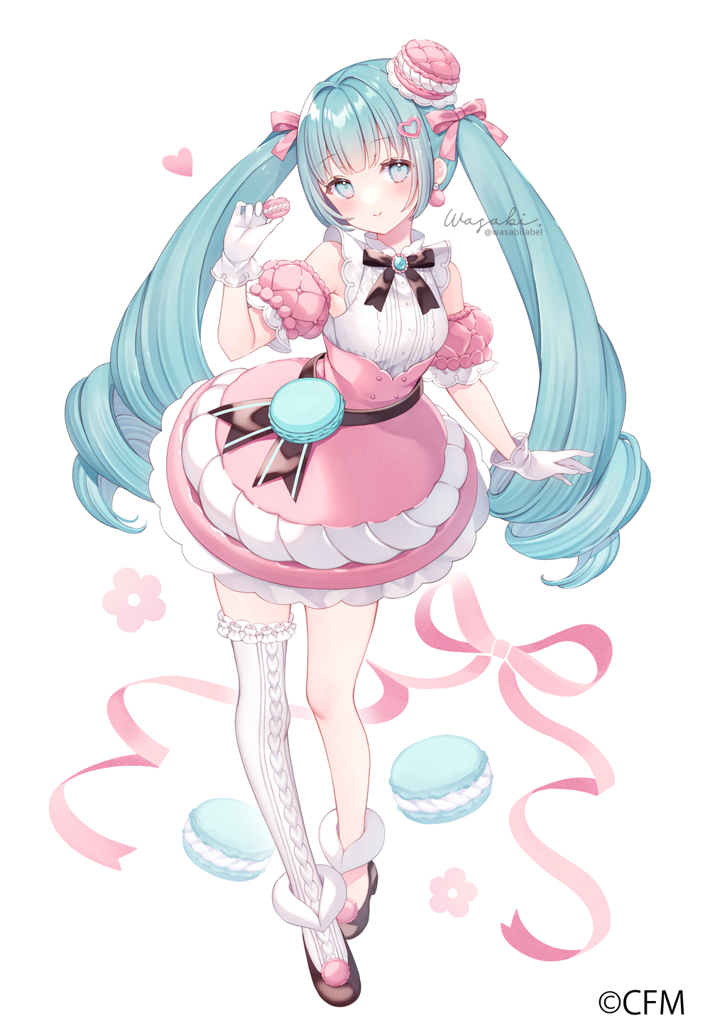1girl bangs bare_shoulders black_footwear blue_eyes blue_hair blush detached_sleeves food full_body gloves hat hatsune_miku highres long_hair looking_at_viewer macaron simple_background single_thighhigh smile solo thighhighs twintails vocaloid wasabi_(sekai) white_background white_gloves white_thighhighs