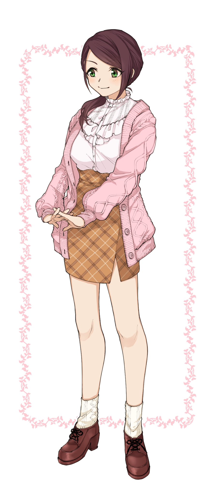 1girl alternate_costume bare_legs blush breasts brown_footwear brown_skirt casual full_body hair_over_shoulder highres idolmaster idolmaster_cinderella_girls medium_breasts nodoame_(rice_2_2) own_hands_together pink_car plaid plaid_skirt platform_footwear ponytail shirt shirt_tucked_in sideways_glance skirt smile socks solo swept_bangs white_shirt white_socks yamato_aki