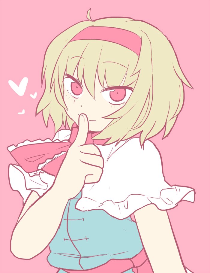 1girl aaaa_(aaaa480) alice_margatroid ascot blonde_hair blue_dress capelet closed_mouth cookie_(touhou) dress finger_to_mouth frilled_ascot frills hair_between_eyes hairband ichigo_(cookie) looking_at_viewer medium_bangs pink_background red_ascot red_eyes red_hairband red_sash sash short_hair simple_background smile solo touhou upper_body white_capelet