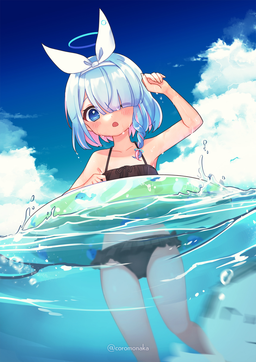 1boy 1girl :o afloat armpits arona's_sensei_doodle_(blue_archive) arona_(blue_archive) bikini black_bikini blue_archive blue_sky blurry braid cloud cloudy_sky collarbone colored_inner_hair commentary_request coromonaka depth_of_field frilled_bikini frills hair_over_one_eye hairband halo highres horizon in_water innertube long_bangs looking_at_viewer multicolored_hair navel ocean official_alternate_costume outdoors parted_lips sensei_(blue_archive) short_hair sidelocks single_braid sky sleeveless spaghetti_strap stomach swimsuit two-tone_hair