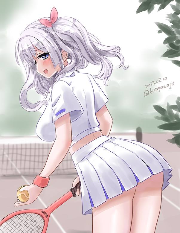 1girl alternate_costume ball blue_eyes breasts collared_shirt dated dress grey_hair kantai_collection kashima_(kancolle) kitagawa_mikio large_breasts long_hair looking_at_viewer looking_back one-hour_drawing_challenge pleated_dress racket shirt sidelocks skirt smile solo sportswear tennis_ball tennis_court tennis_net tennis_racket tennis_uniform twintails twitter_username wavy_hair white_shirt white_skirt