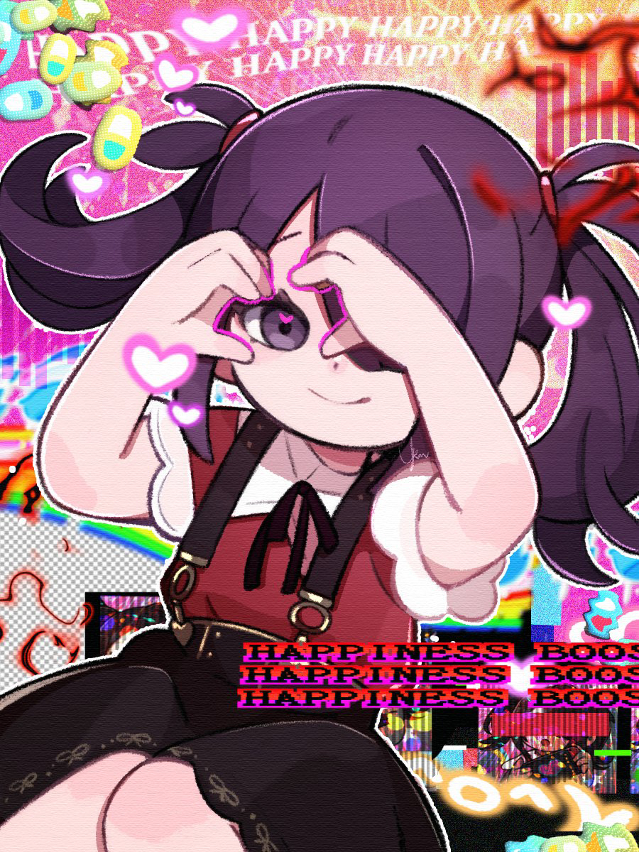 1girl abstract_background ame-chan_(needy_girl_overdose) black_eyes black_hair black_ribbon black_skirt collar collared_shirt commentary cowboy_shot english_text hair_over_one_eye hair_tie heart highres jirai_kei looking_at_viewer medium_hair neck_ribbon needy_girl_overdose pill red_shirt ribbon shirt shirt_tucked_in skirt smile solo suspender_skirt suspenders twintails white_collar yukino_super