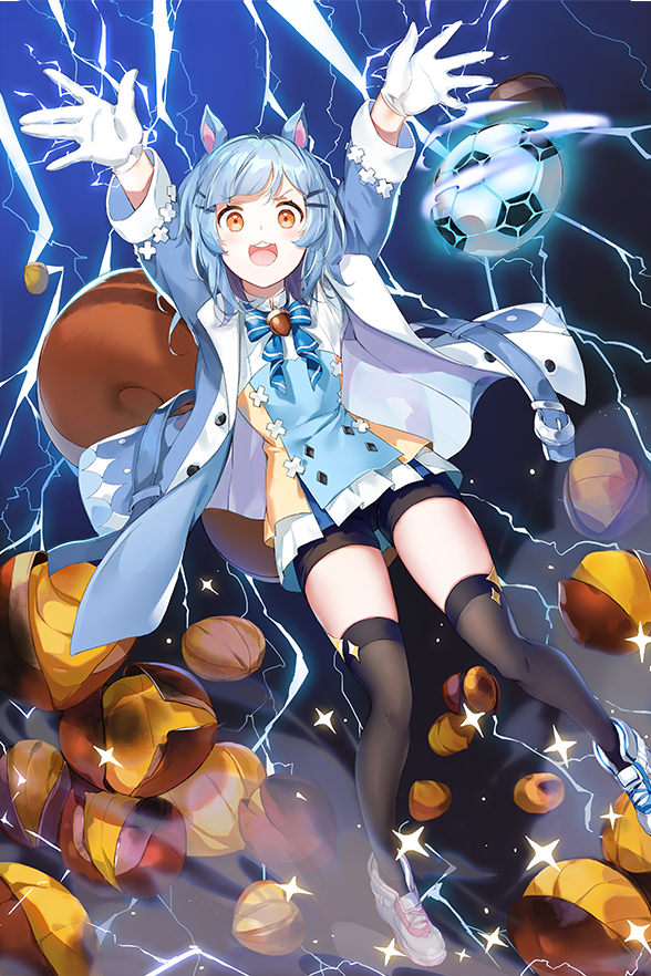 1girl :d arms_up ball bike_shorts black_thighhighs blue_bow blue_hair blue_jacket bow chestnut emyo gloves hair_ornament hairclip jacket lightning medium_hair official_art ramsay_(soccer_spirits) shoes skirt smile sneakers soccer_ball soccer_spirits solo squirrel_tail standing tail thighhighs third-party_source white_gloves