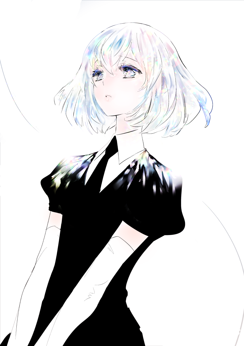 1other black_necktie colored_eyelashes commentary_request diamond_(houseki_no_kuni) doraeshi elbow_gloves gem_uniform_(houseki_no_kuni) gloves hair_between_eyes highres houseki_no_kuni necktie open_mouth parted_lips puffy_short_sleeves puffy_sleeves short_hair short_sleeves signature simple_background solo white_background white_eyes white_gloves white_hair