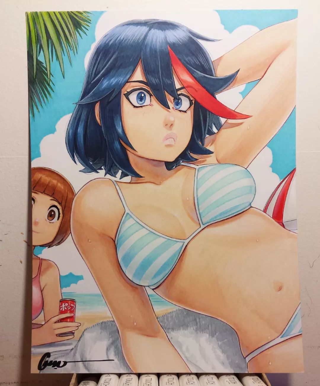2girls abs arms_behind_head art_tools_in_frame artist_name beach beach_umbrella bikini black_hair blue_bikini blue_eyes blue_sky blunt_bangs bob_cut breasts brown_hair can closed_mouth cloud collarbone cumulonimbus_cloud day drink elbow_rest frown highres holding holding_can holding_drink horizon kill_la_kill lips looking_at_viewer lounging lying mankanshoku_mako marker_(medium) matoi_ryuuko medium_breasts multicolored_hair multiple_girls navel nose ocean omar_dogan on_stomach one-piece_swimsuit outdoors palm_tree photo_(medium) photoshop_(medium) pink_one-piece_swimsuit pursed_lips red_hair sand short_hair signature sky smile soda_can solo solo_focus streaked_hair striped striped_bikini swimsuit symbol-shaped_pupils toned towel traditional_media tree two-tone_hair umbrella v-shaped_eyebrows white_bikini