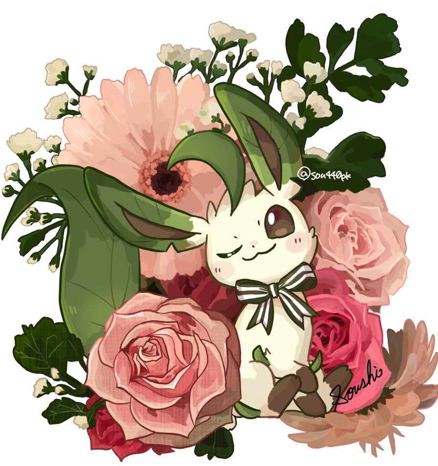 :3 animal_focus blush_stickers bow brown_eyes commentary flower flower_request leafeon one_eye_closed pink_flower pink_rose pokemon pokemon_(creature) rose signature simple_background sitting sou440pk striped striped_bow twitter_username white_background white_flower
