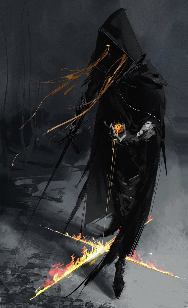 1other black_pants elden_ring fire flame full_body gauntlets glowing glowing_eye grey_background holding holding_sword holding_weapon hood hood_up long_hair long_sleeves looking_at_viewer pants red_hair sd2190392804 solo standing sword tears weapon