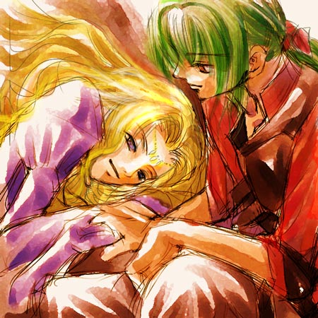 1boy 1girl blonde_hair circlet commentary_request couple cross-empire dress edain_(fire_emblem) fire_emblem fire_emblem:_genealogy_of_the_holy_war green_hair hetero holding_hands lowres lying midir_(fire_emblem) on_side ponytail purple_dress red_eyes red_shirt shirt smile