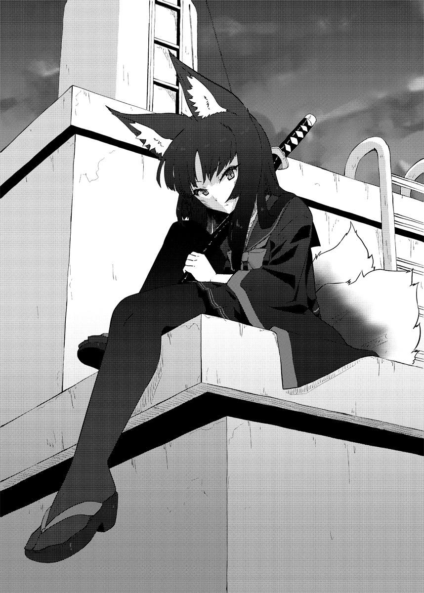 1girl animal_ear_fluff animal_ears check_copyright closed_mouth commentary_request copyright_request fox_ears fox_girl from_below full_body greyscale highres holding holding_sword holding_weapon katana knee_up ladder long_hair long_sleeves looking_at_viewer miniskirt monochrome multiple_tails on_roof original outdoors pantyhose pleated_skirt sailor_collar sakuragi_rian sandals sheath sheathed sitting skirt solo sword tail weapon wide_sleeves
