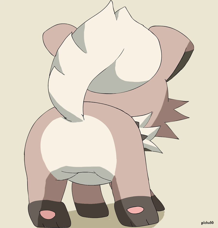 2019 ambiguous_gender brown_body brown_fur canid canine feral fur generation_7_pokemon mammal nintendo pichu90 pokemon pokemon_(species) raised_tail rear_view rockruff signature simple_background solo tail tan_background tan_body tan_fur
