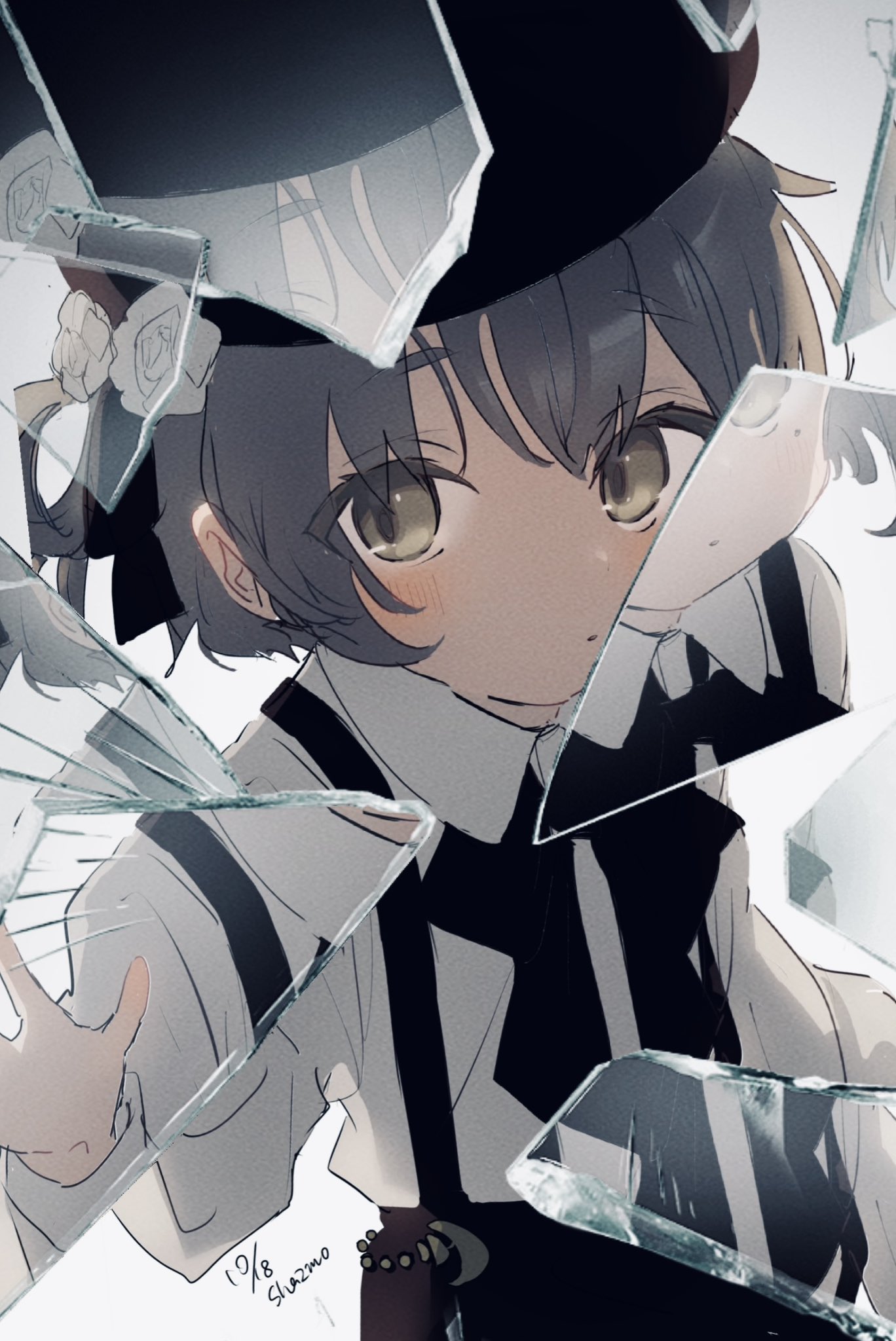 1girl app_filter backlighting black_ribbon black_skirt blush broken_glass brown_eyes brown_hair closed_mouth collared_shirt eyes_visible_through_hair film_grain flower from_above glass glass_shards hair_between_eyes hand_up hat hat_flower hat_ribbon hatoba_tsugu highres long_sleeves looking_to_the_side looking_up mole mole_under_eye neck_ribbon puffy_long_sleeves puffy_sleeves raised_eyebrows refraction ribbon rose sha2mo shattered shirt shirt_tucked_in simple_background single_hair_ring skirt solo suspender_skirt suspenders tsugu_(vtuber) upper_body white_background white_flower white_rose white_shirt